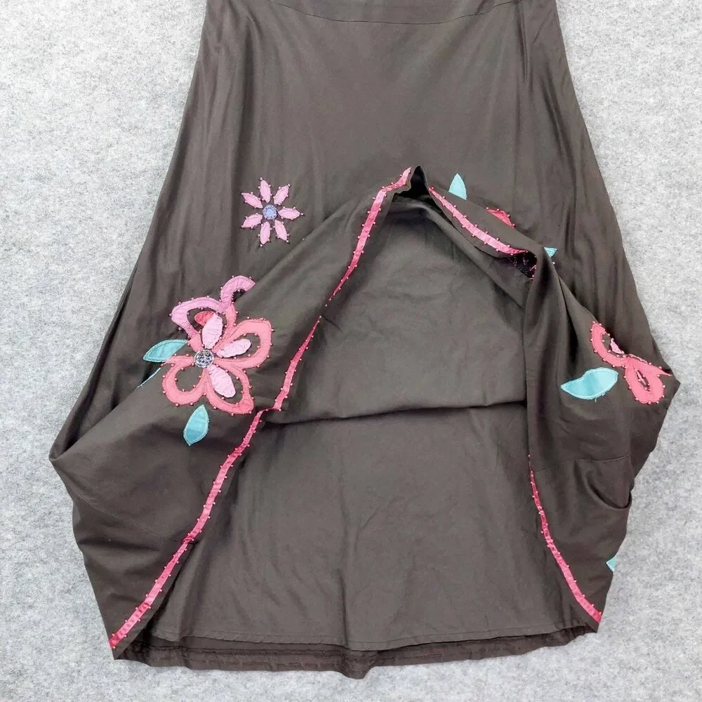 Boden Floral Appliqué A-Line Skirt Brown Pink Retro Cotton Lined Women’s 14